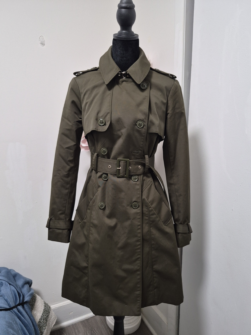 New York & Company Olive Double-Breasted Belted Trench Coat
